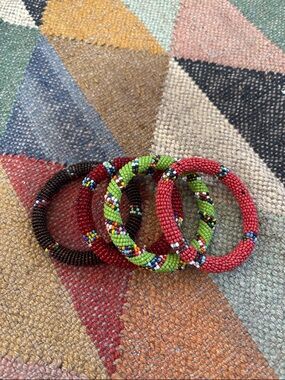 Colorful African Beaded Bracelets Bangle Bundle of 4 Red Black Green